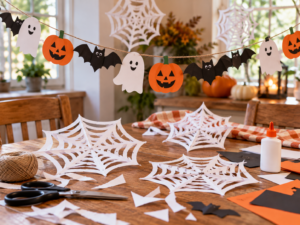 Χειροποίητες Halloween κατασκευές για παιδιά με λευκούς χάρτινους ιστούς αράχνης και γιρλάντα από κολοκύθες, φαντασματάκια και νυχτερίδες. Αντιγραφή