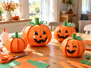 Χειροποίητες Halloween κολοκύθες από πορτοκαλί λωρίδες χαρτονιού με πράσινα κοτσάνια και χαρούμενα πρόσωπα.