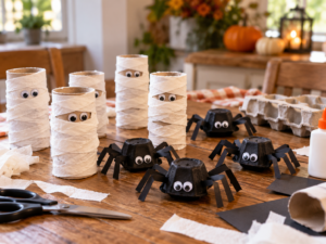Χειροποίητες Halloween κατασκευές για παιδιά με μούμιες από ρολά χαρτιού και αραχνούλες από αυγοθήκες πάνω σε ξύλινο τραπέζι χειροτεχνίας.