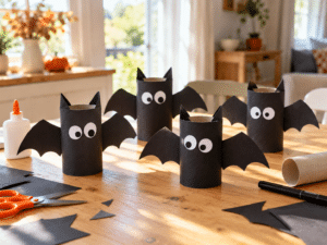 Halloween κατασκευές για παιδιά με νυχτερίδες από ρολά χαρτιού υγείας και μαύρο χαρτόνι.